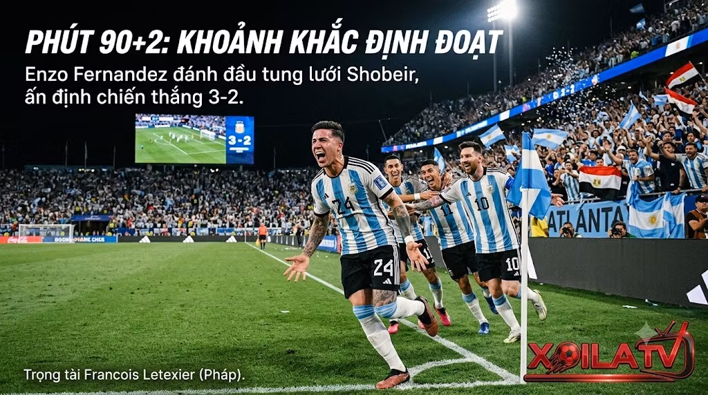 Khoảnh khắc Enzo Fernandez đánh đầu tung lưới thủ môn Shobeir ở phút bù giờ 90+2, ấn định chiến thắng 3-2 cho Argentina trước Ai Cập.