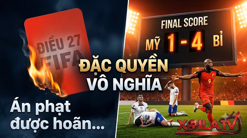 Hình ảnh châm biếm sự tương phản giữa đặc quyền hoãn án phạt thẻ đỏ của FIFA và bảng tỷ số Mỹ thua Bỉ 1-4.